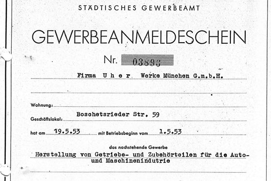 Historischer Gewerbeanmeldeschein des Münchner Gewerbeamts von 1953 mit Stadtwappen