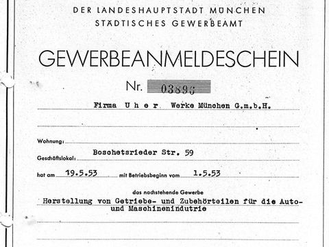 Historischer Gewerbeanmeldeschein des Münchner Gewerbeamts von 1953 mit Stadtwappen