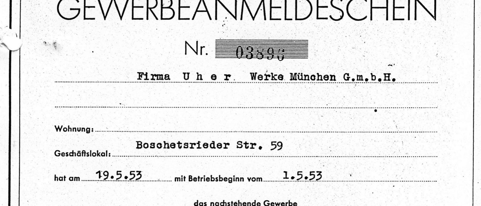 Historischer Gewerbeanmeldeschein des Münchner Gewerbeamts von 1953 mit Stadtwappen